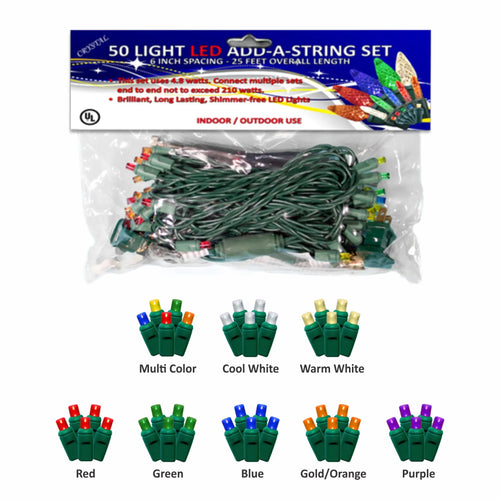 Wide Angle Multicolor LED Christmas String Lights - 25ft - 50 Mini 5mm  Bulbs - White Wire