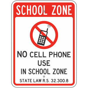 CPR-LOUISIANA-1824 Louisiana State Law, No Cell Phone Use In School Zone Sign